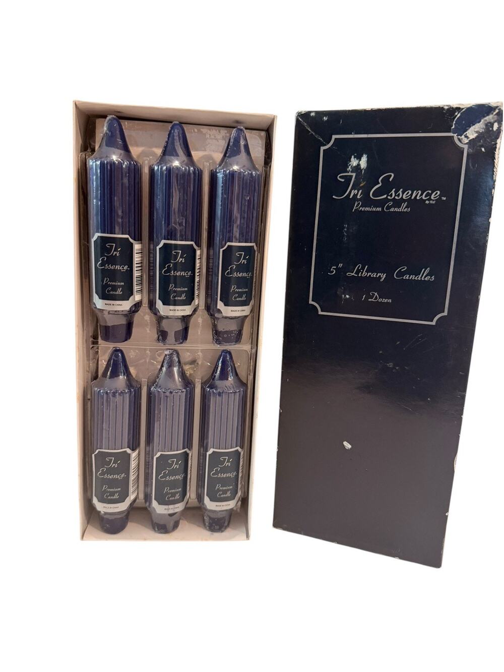 NOS VTG Tri Essence Premium Candles 1 Dozen Navy Blue Taper Ribbed